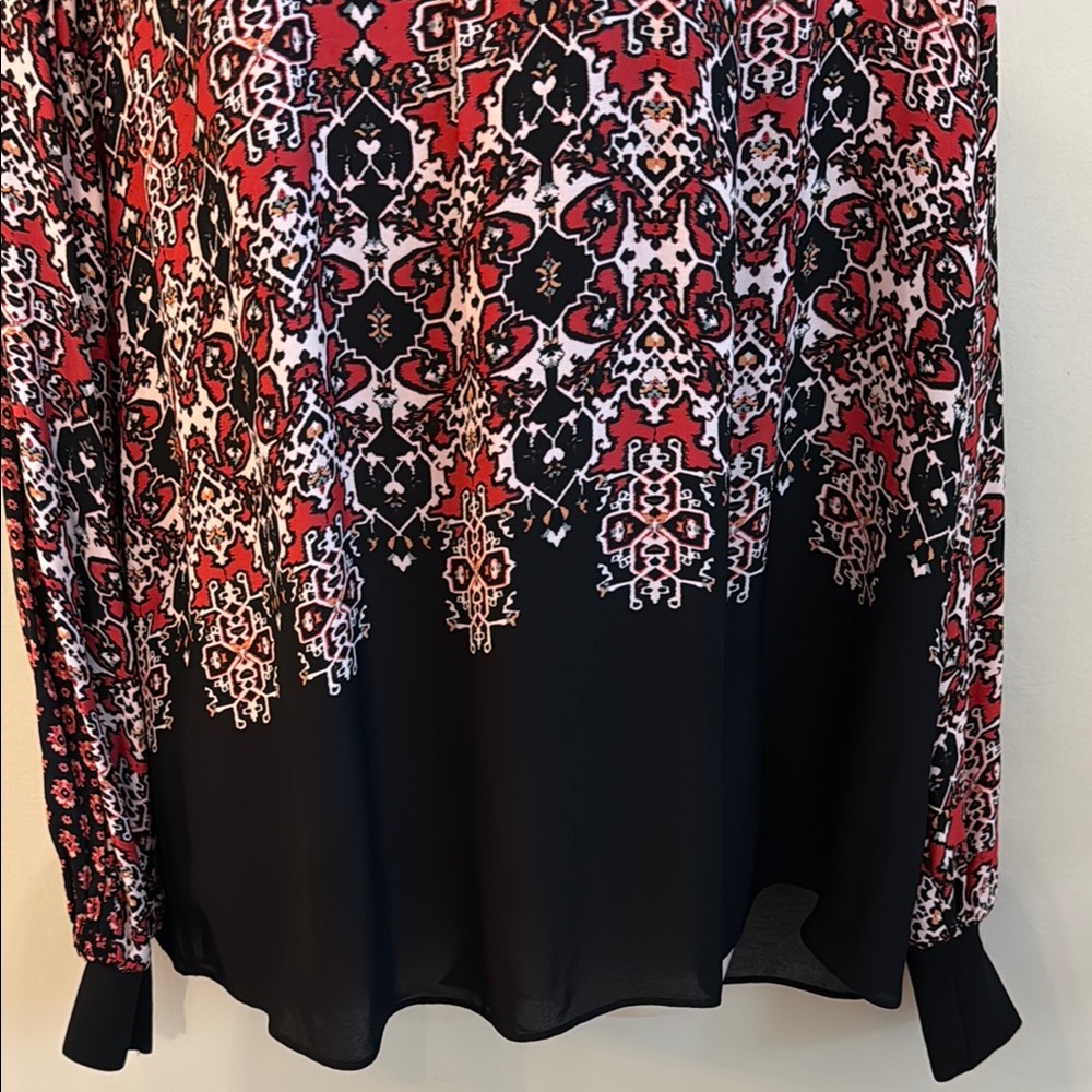 REISS Maisie Patchwork Long Sleeve Printed Blouse Black & Red Career Size 6 - Picture 7 of 14